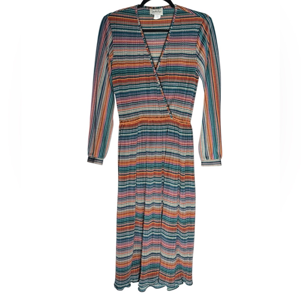 VTG Jonathon Logan Midi Dress Womens size 8 Long Sleeve Striped Multi Color 70s